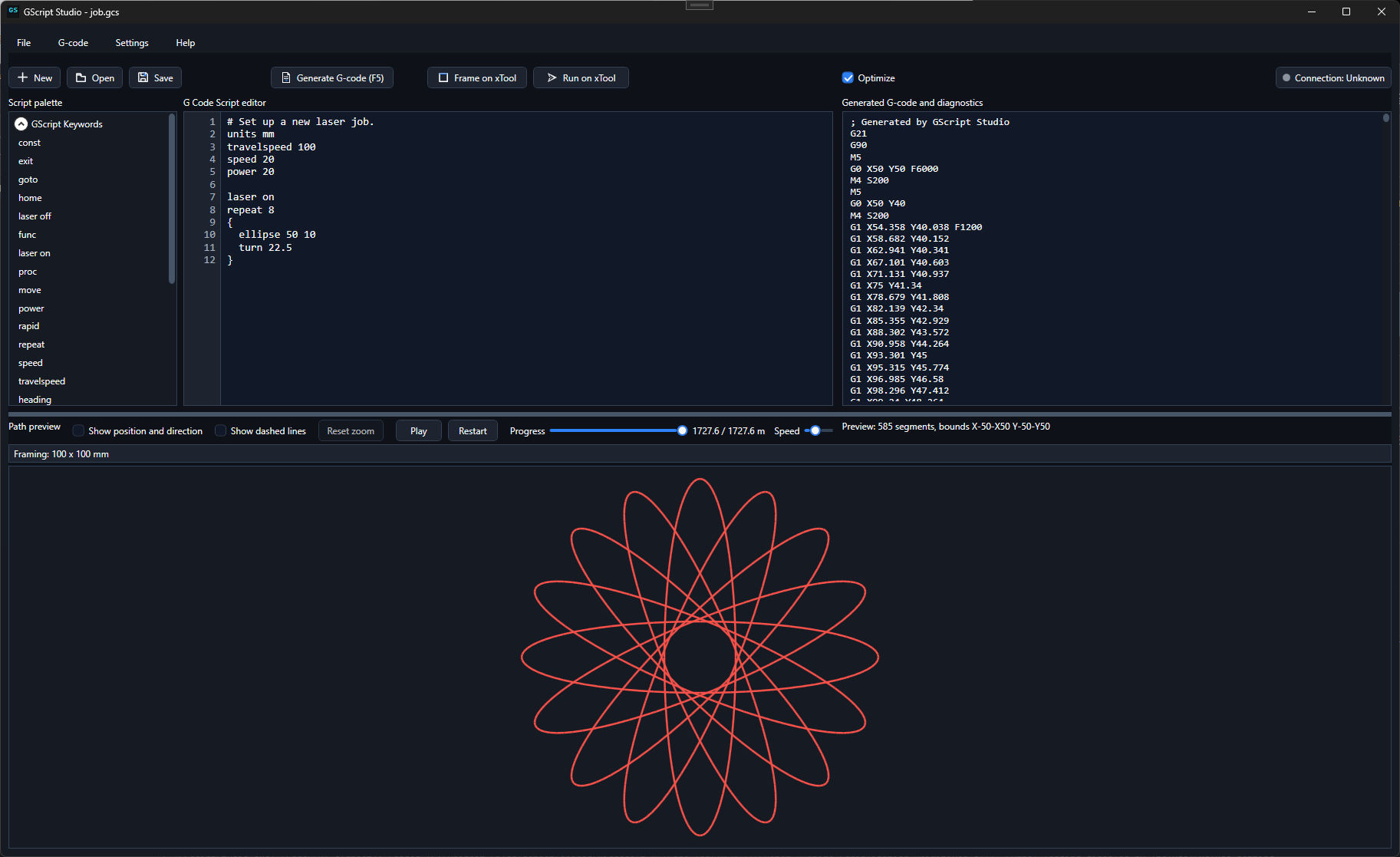 GScript Studio with a script editor, generated G-code panel, and laser path preview