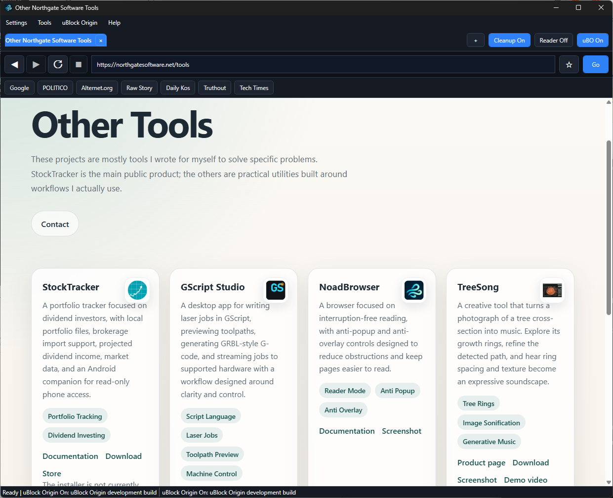 NoadBrowser showing its toolbar, page cleanup controls, and the Northgate Software tools page