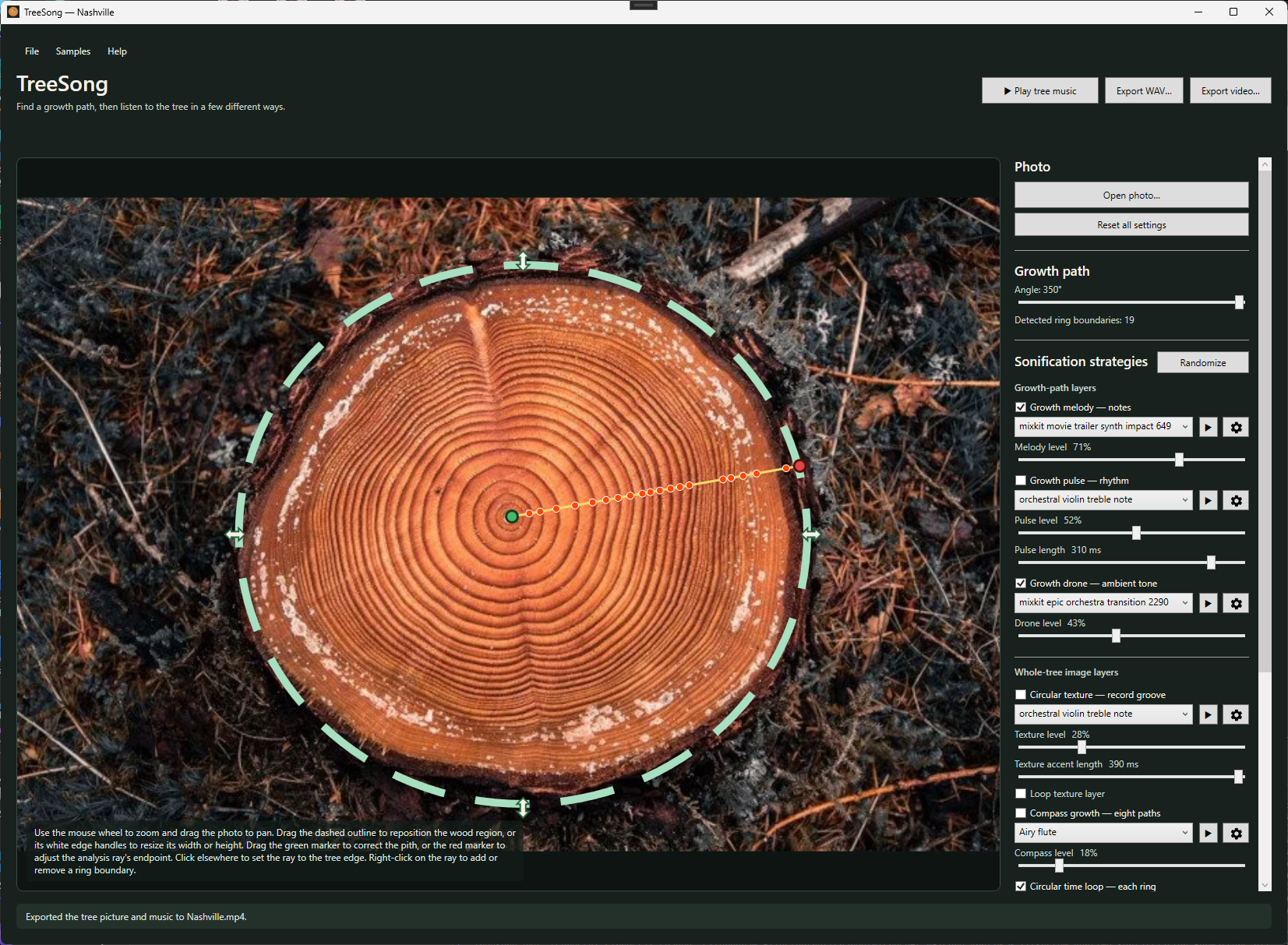 TreeSong showing a tree cross-section with a selected growth path and detected ring boundaries